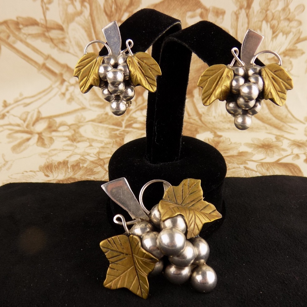 925 Silver brooch Pendant & Earrings Grapes mexico